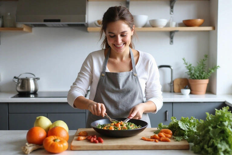 Donna che prepara un pasto sano e colorato in una cucina moderna, sorridendo e godendosi il processo.