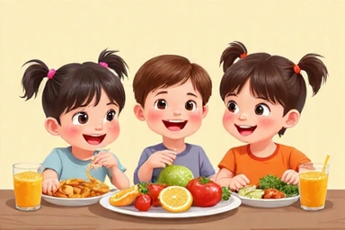 Bambini che mangiano frutta e verdura.