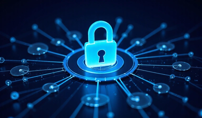 Icona di sicurezza informatica con un lucchetto digitale e una rete di dati